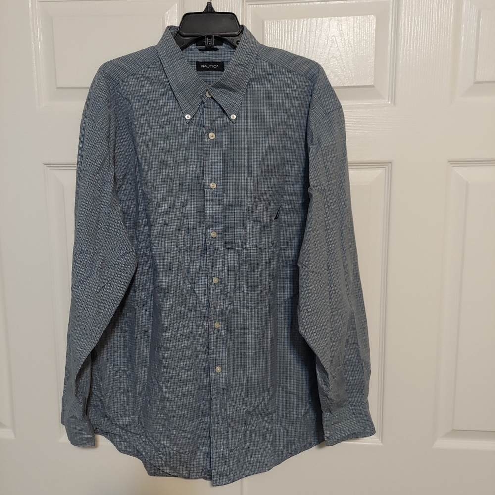 Men Nautica Blue White Plaid Button Up Long Sleeve Shirt